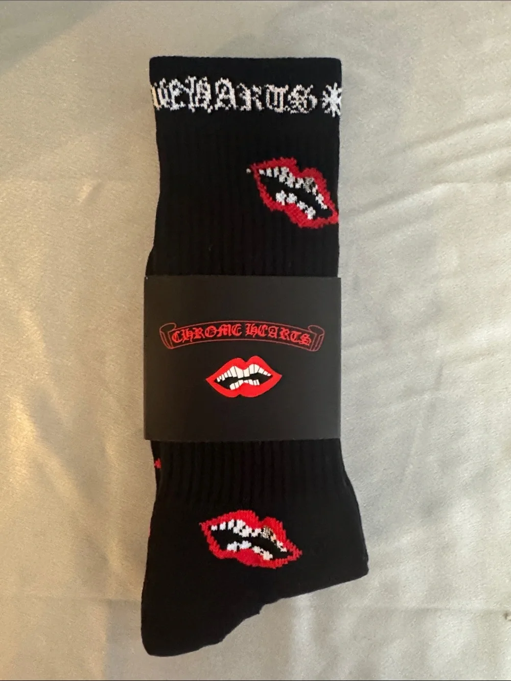 New! Chrome Hearts Black Crew Socks with Red Lip Design
